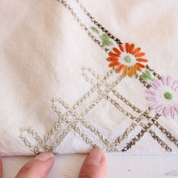 Vintage 1940s Throw Pillow Cover, Embroidered Lady And Flowers Pillowcase - Picture 3 of 10